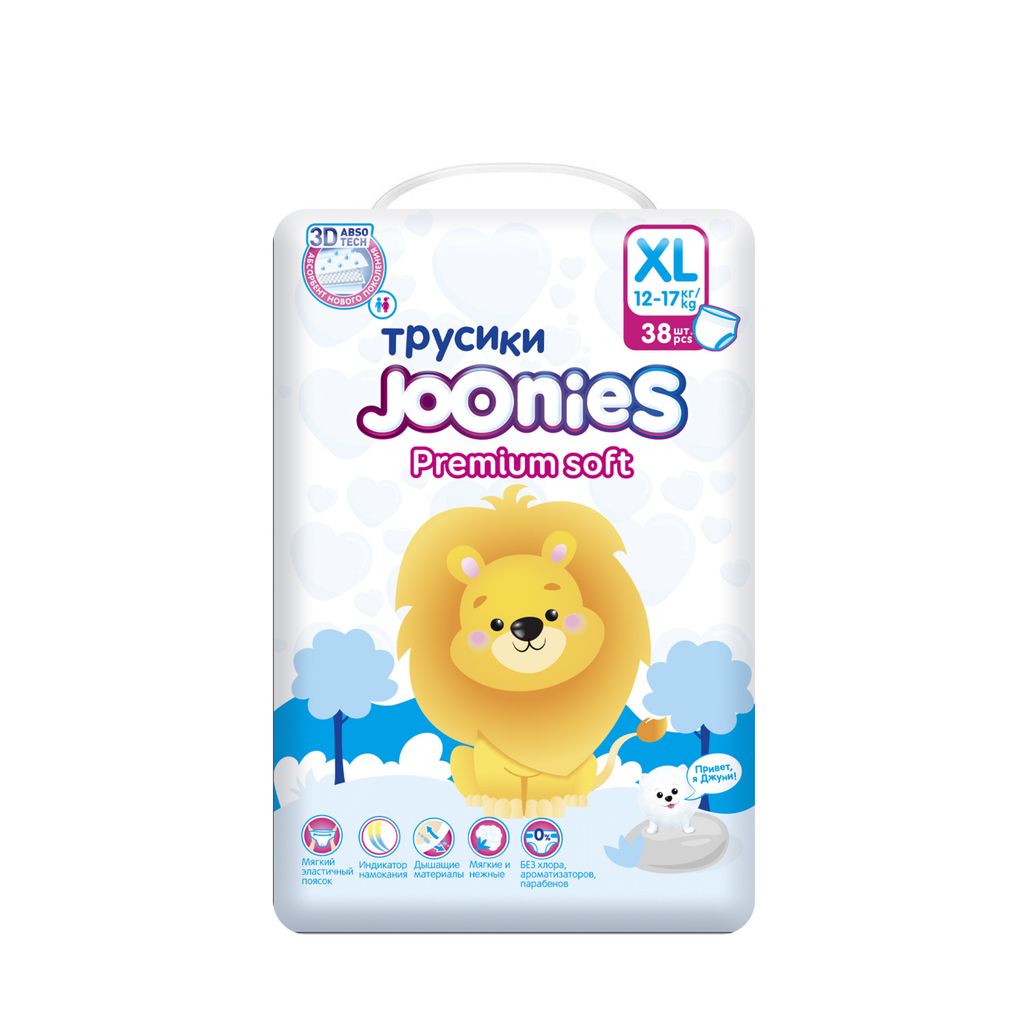 фото упаковки Joonies Premium soft Подгузники-трусики детские, XL, 12-17 кг, 38 шт. фото упаковки Joonies Premium soft Подгузники-трусики детские