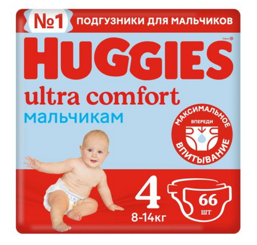 Huggies Ultra Comfort Подгузники детские, р. 4, 8-14 кг, для мальчиков, 66 шт.